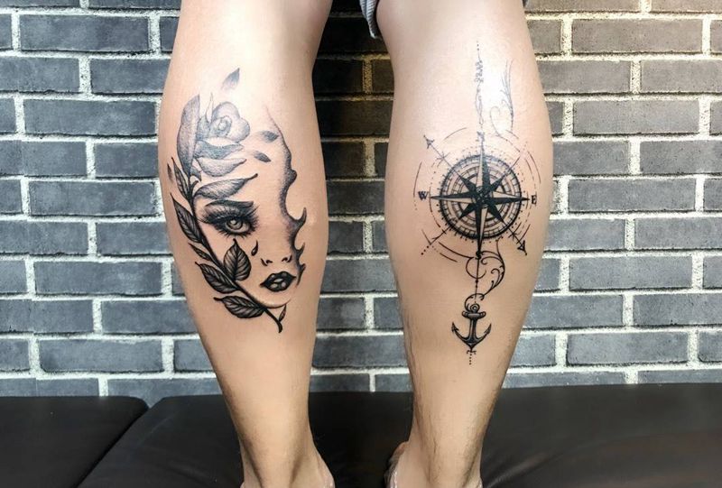 A couple纹身图片_成品腿部欧美写实清新肖像人物植物几何纹身图案