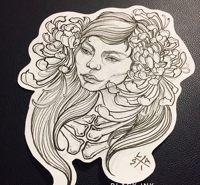 手稿纹身图片_手稿腰部背部臀部手臂腿部欧美肖像人物原创纹身图案