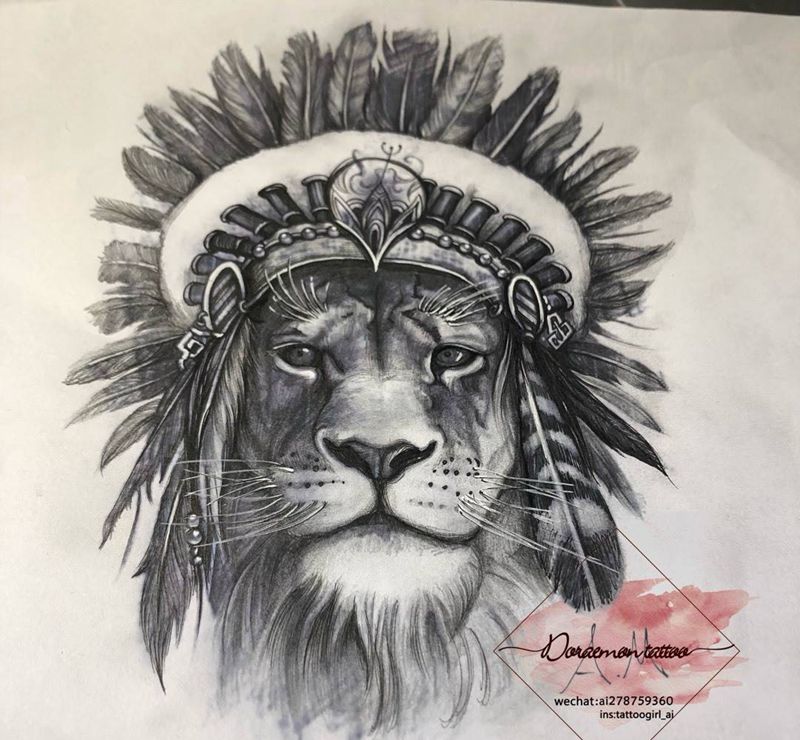 狮子纹身图片_手稿手臂写实肖像动物宗教原创纹身图案