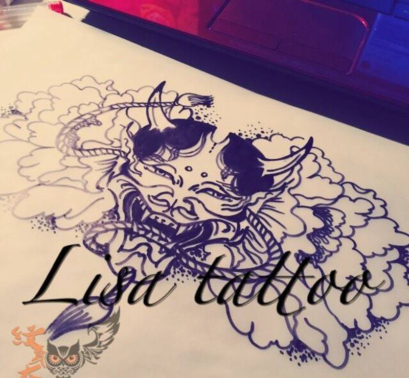 大 v般若手稿纹身图片_手稿胸部传统鬼神纹身图案