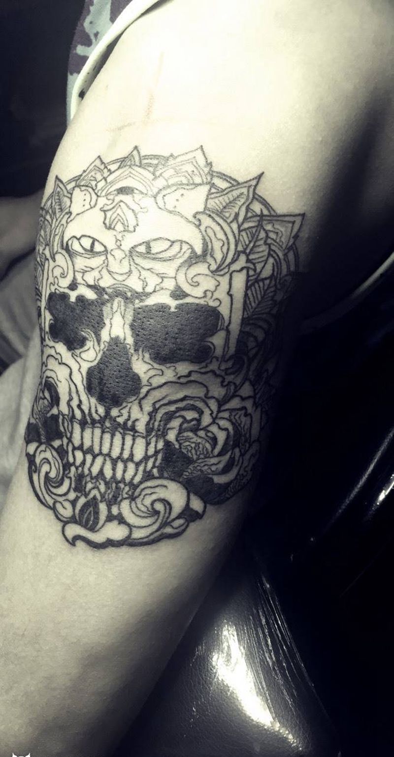 大臂骷髅纹身图片_成品手臂欧美原创纹身图案