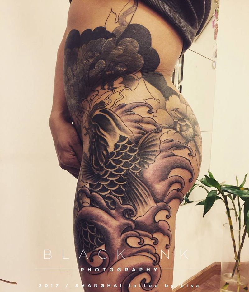 大腿鱼遮盖纹身图片_成品臀部腿部腹部腰部传统动物原创纹身图案