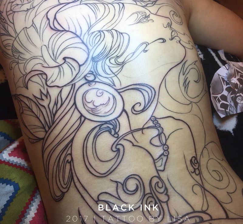 欧洲新传统满背第二次纹身图片_成品背部欧美肖像人物植物原创图腾纹身图案