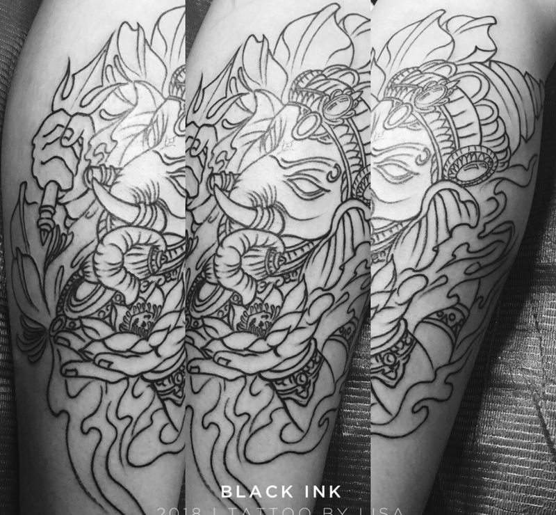 小腿象神第一次纹身图片_成品腿部传统动物鬼神原创纹身图案