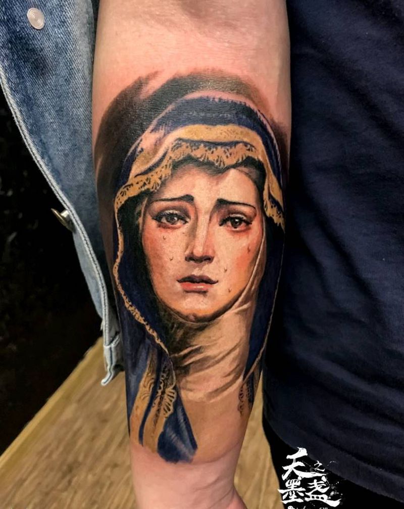 圣母纹身图片_手臂欧美写实宗教圣母像彩色纹身图案