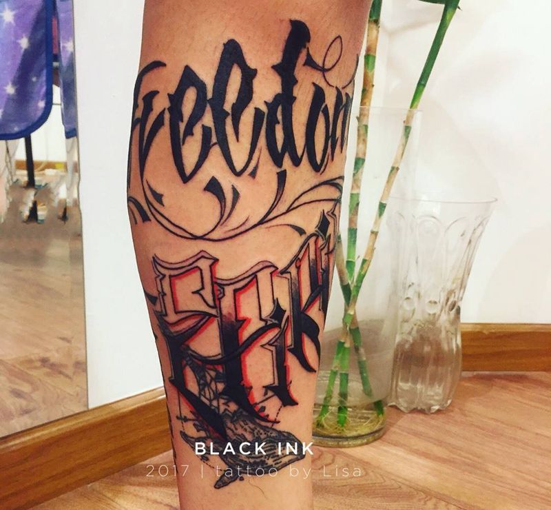 小腿其卡诺纹身图片_成品腿部欧美字符原创纹身图案