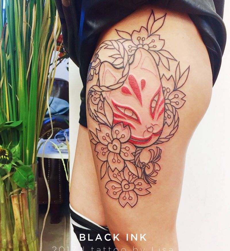 狐面具 未完成纹身图片_成品腿部欧美原创动物植物纹身图案