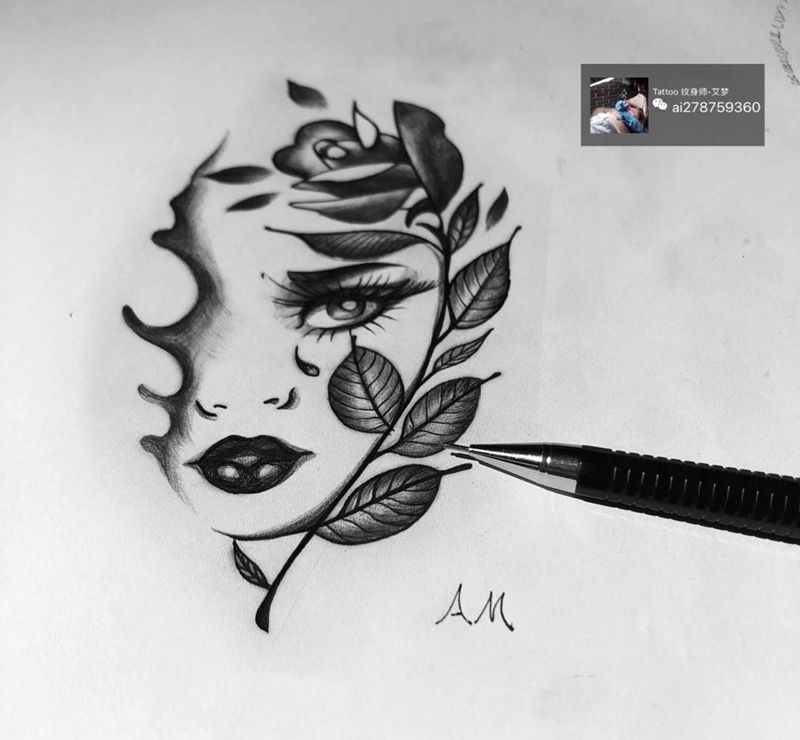 美女纹身图片_手稿腿部欧美清新肖像人物植物纹身图案