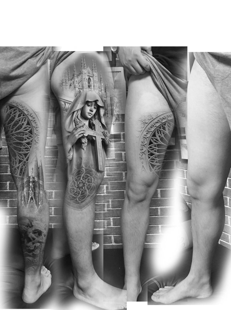 设计欧美花腿进行中纹身图片_腿部欧美写实人物几何宗教纹身图案