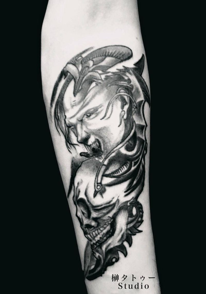 小臂 骷髅☠️纹身图片_成品手臂欧美写实原创鬼神纹身图案