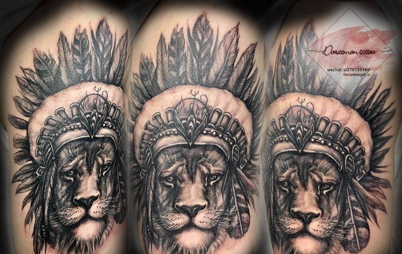 狮子纹身图片_成品手臂欧美写实肖像动物宗教纹身图案