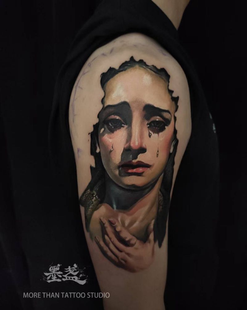 花臂进度纹身图片_手臂欧美写实圣母彩色纹身图案