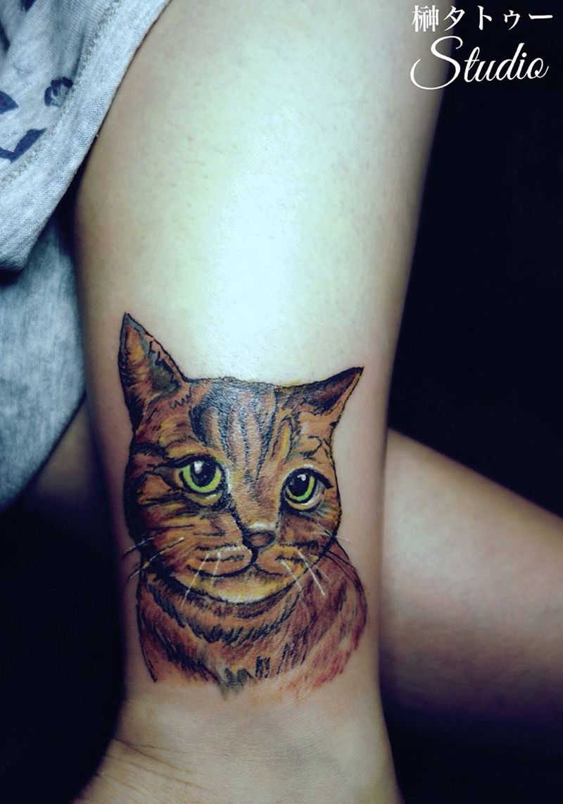 记忆中的猫纹身图片_成品腿部欧美写实肖像动物原创纹身图案