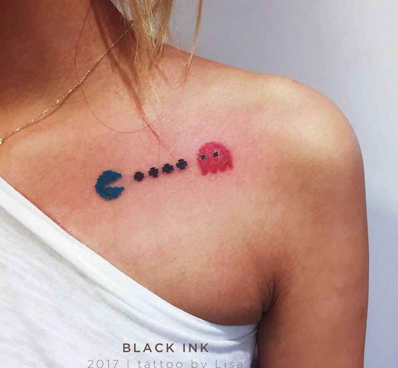 吃豆人纹身图片_成品胸部欧美清新原创图腾纹身图案