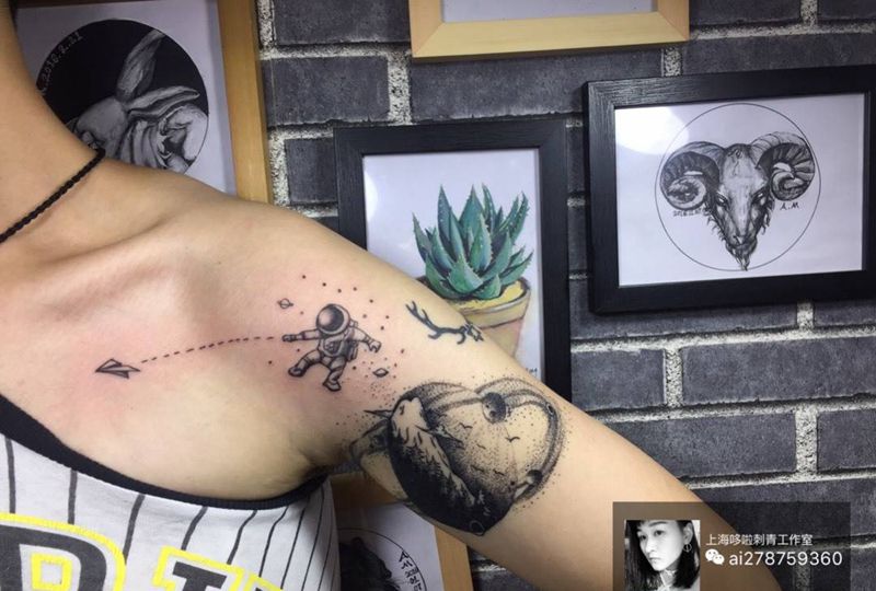 我的头大纹身图片_成品肩部清新欧美几何人物纹身图案