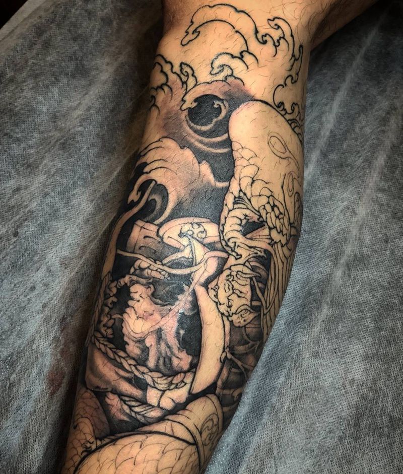 骷髅武士蛇纹身图片_成品手臂腿部传统动物鬼神原创纹身图案