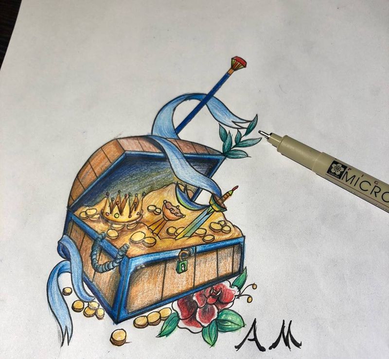 宝箱纹身图片_手稿插画清新欧美几何植物纹身图案