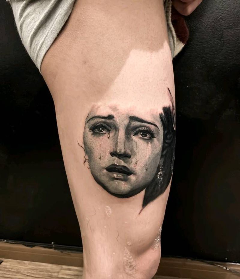 圣母像纹身图片_腿部欧美写实圣母像纹身图案