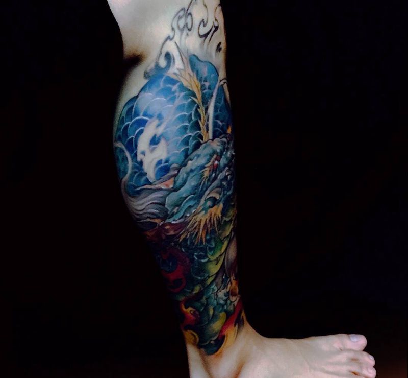 龙纹身图片_成品脚部腿部传统动物鬼神原创人物宗教纹身图案