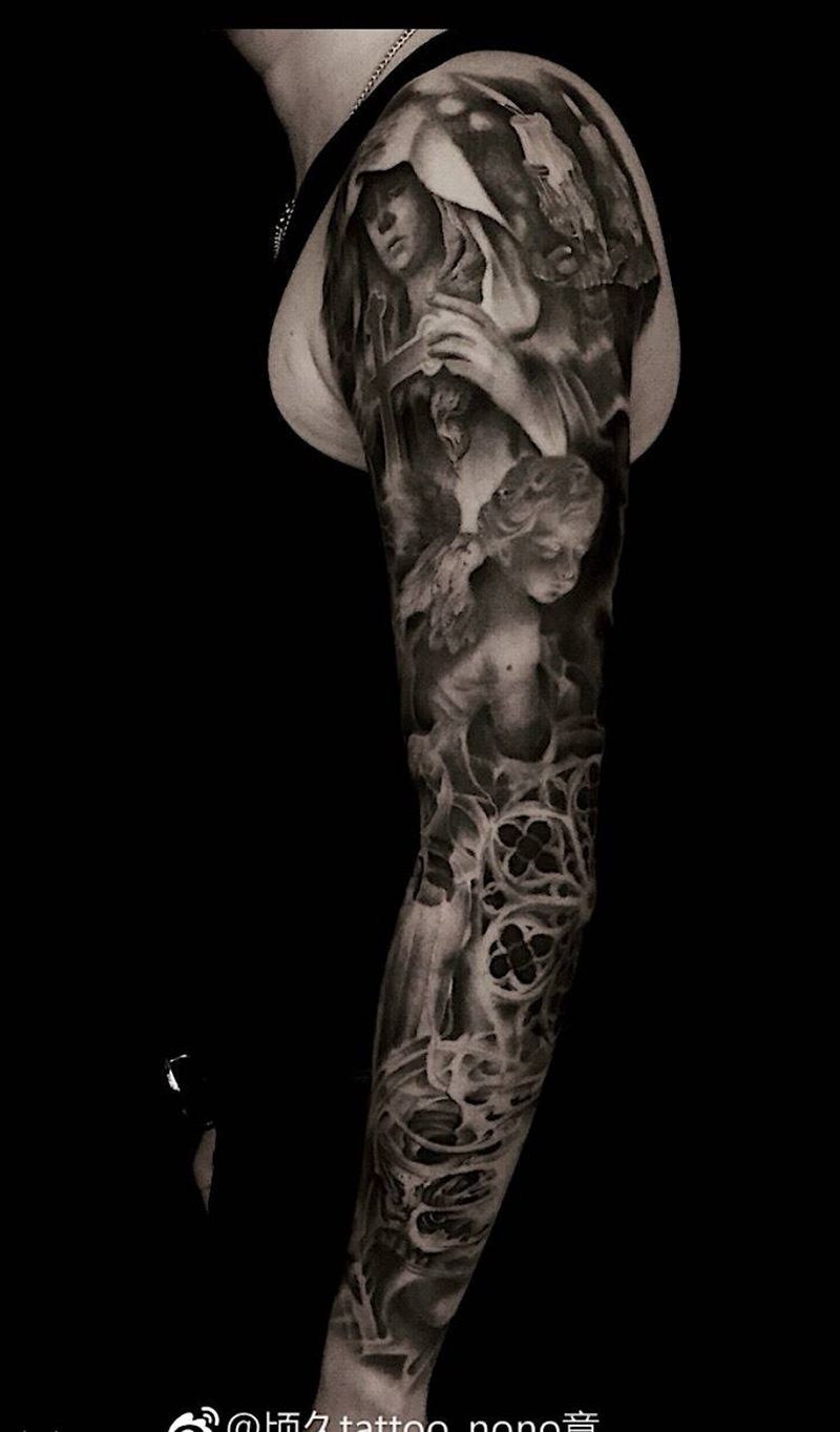 欧美手臂纹身图片_成品手臂欧美肖像人物原创黑灰写实天使纹身图案