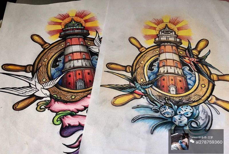 灯塔纹身图片_成品手稿插画手臂欧美清新写实几何字符原创纹身图案