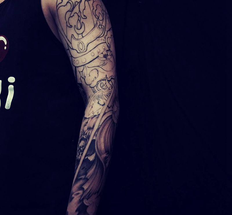 武士鲤鱼纹身图片_成品手稿手臂手部传统动物鬼神原创人物宗教纹身图案