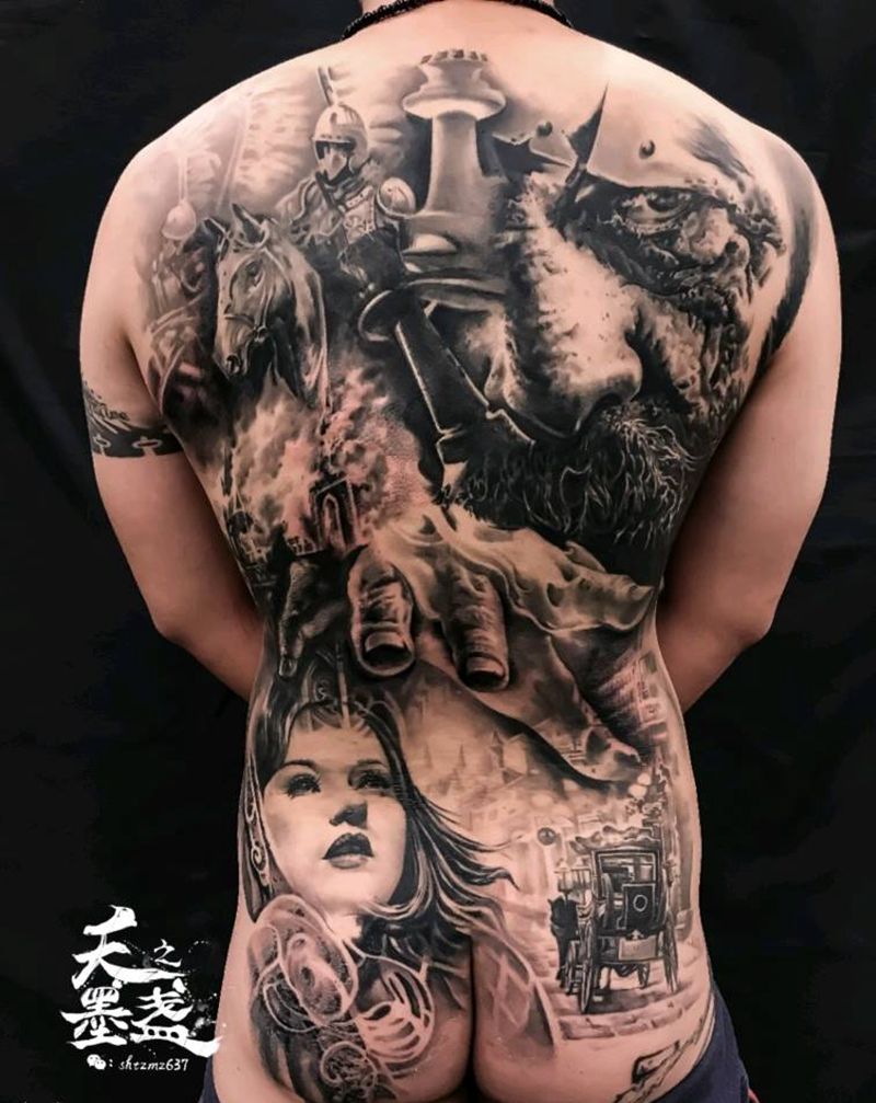 最新进度纹身图片_背部欧美肖像写实人物纹身图案