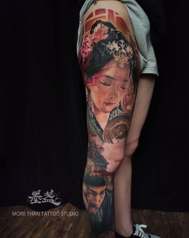 长安十二时辰纹身图片_腿部欧美写实彩色纹身图案