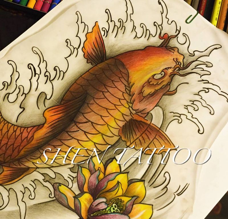 鲤鱼纹身图片_手稿腿部传统动物纹身图案