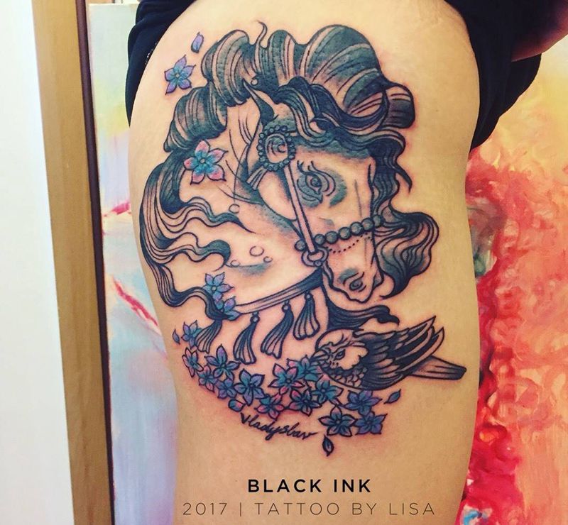 马纹身图片_成品腿部欧美动物原创纹身图案