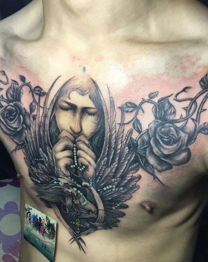 天使纹身图片_成品胸部传统欧美人物植物纹身图案