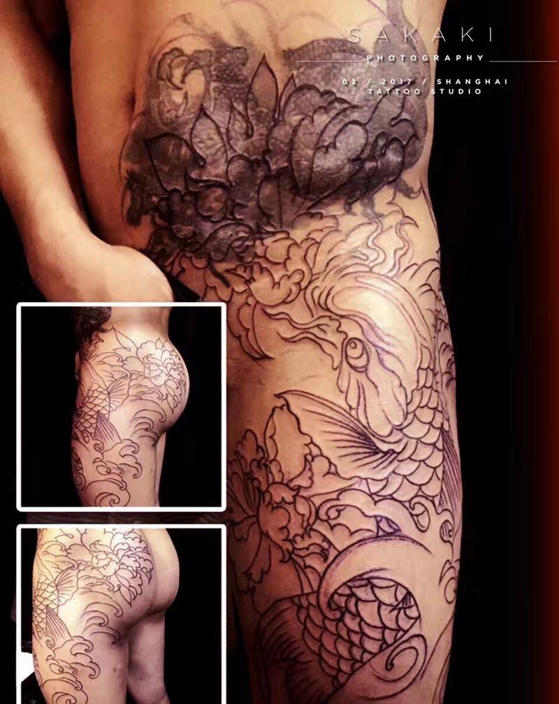 大面积遮盖 线条部分纹身图片_成品腹部腿部传统动物原创纹身图案
