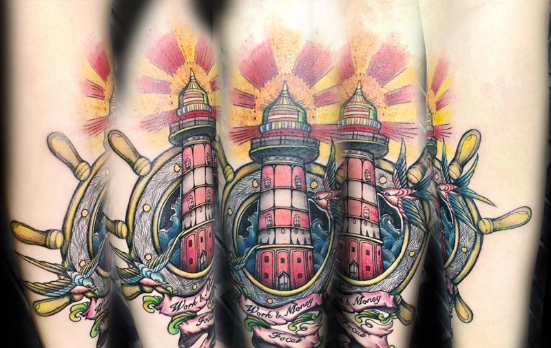 灯塔纹身图片_成品手臂欧美写实清新几何纹身图案