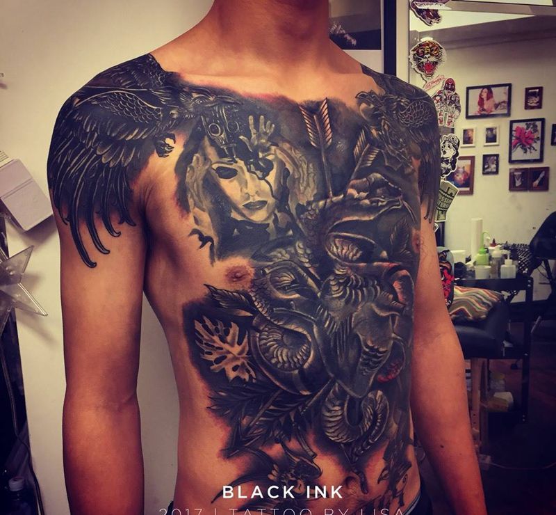 遮盖纹身图片_成品胸部腹部肩部欧美动物人物图腾植物原创纹身图案