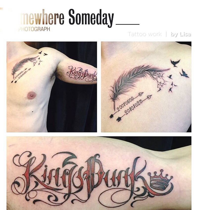 胸口羽毛+大臂花体纹身图片_成品手臂胸部欧美原创纹身图案