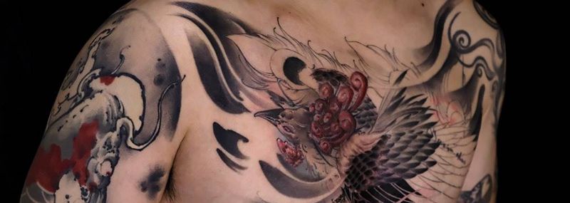 凤 半程.纹身图片_胸部新传统纹身图案