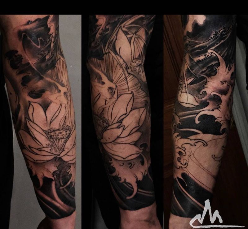 莲 整臂_进度纹身图片_成品手稿手臂腿部习俗国画传统原创植物宗教纹身图案