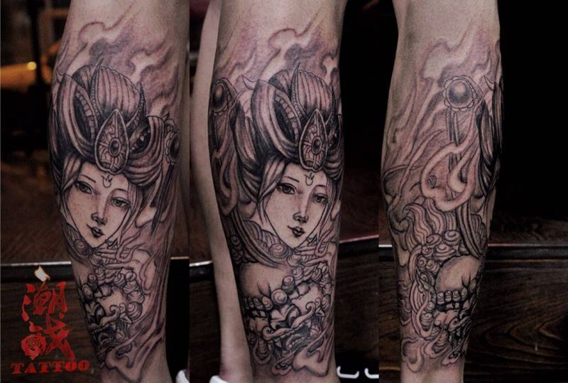 艺妓与唐狮纹身图片
