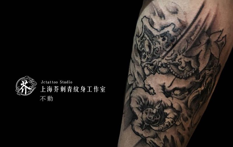 象头神财天 半程纹身图片_传统鬼神宗教原创手稿腿部纹身图案