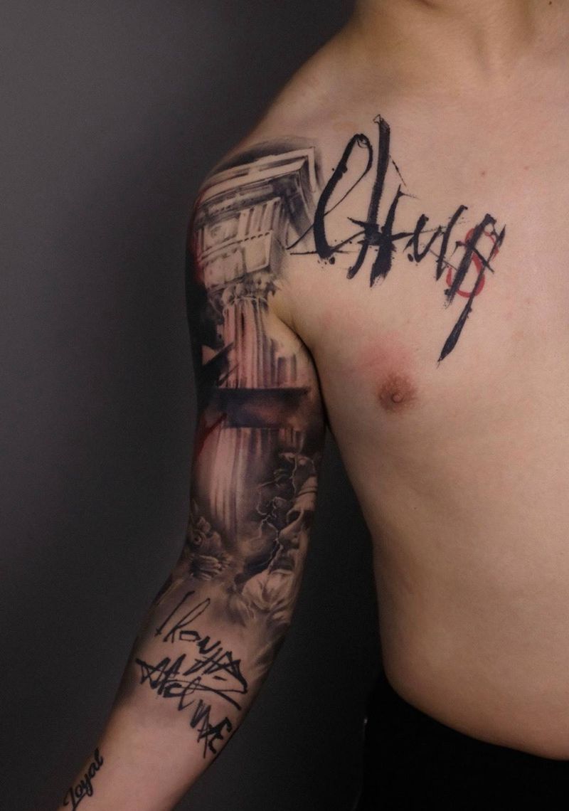 断断续续小半年的遮盖纹身图片_手臂欧美写实水墨纹身图案