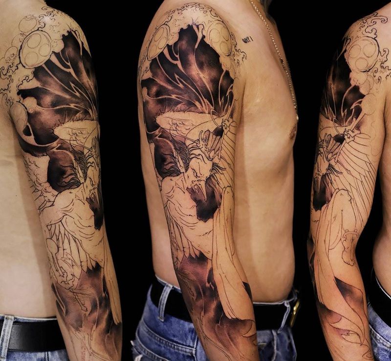 “雷公”进度纹身图片_手臂腿部新传统纹身图案