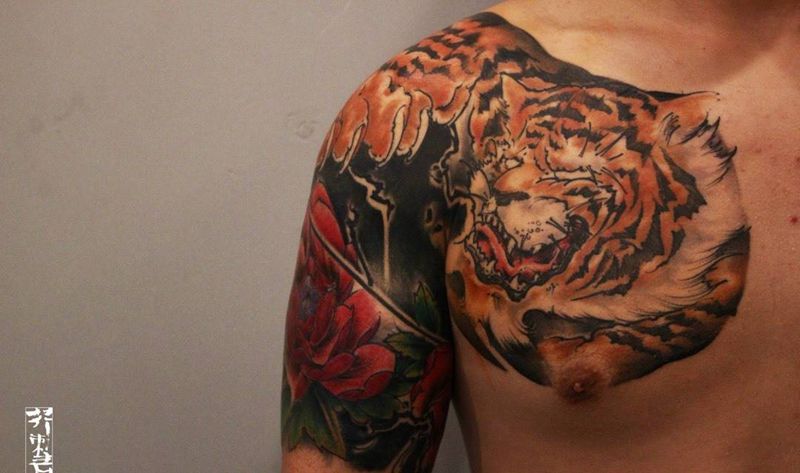 半胛纹身图片_手稿成品手臂胸部传统国画原创动物植物纹身图案