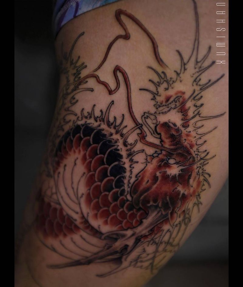 整腿龙 进度纹身图片_手稿成品腿部习俗国画传统原创鬼神动物纹身图案