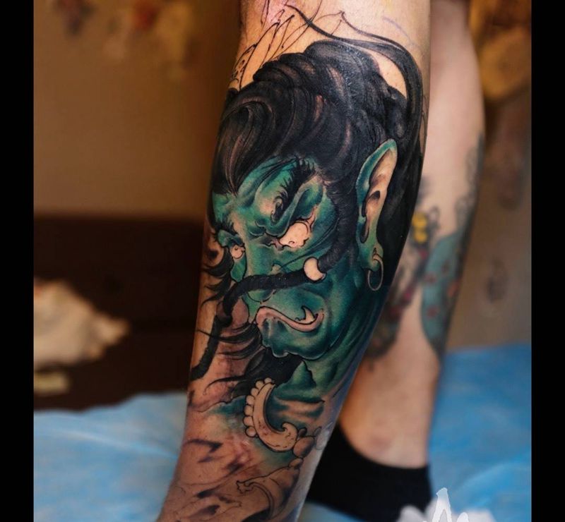 包小腿 不動明王 进度纹身图片_成品手稿手臂腿部国画习俗传统原创鬼神人物纹身图案