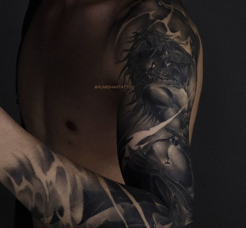 雷神收尾纹身图片_手臂新传统纹身图案