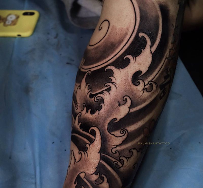 进度纹身图片_腿部新传统纹身图案