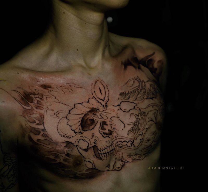 进度纹身图片_胸部新传统纹身图案