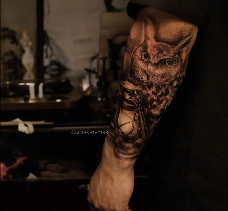 OWL纹身图片_手臂欧美写实纹身图案