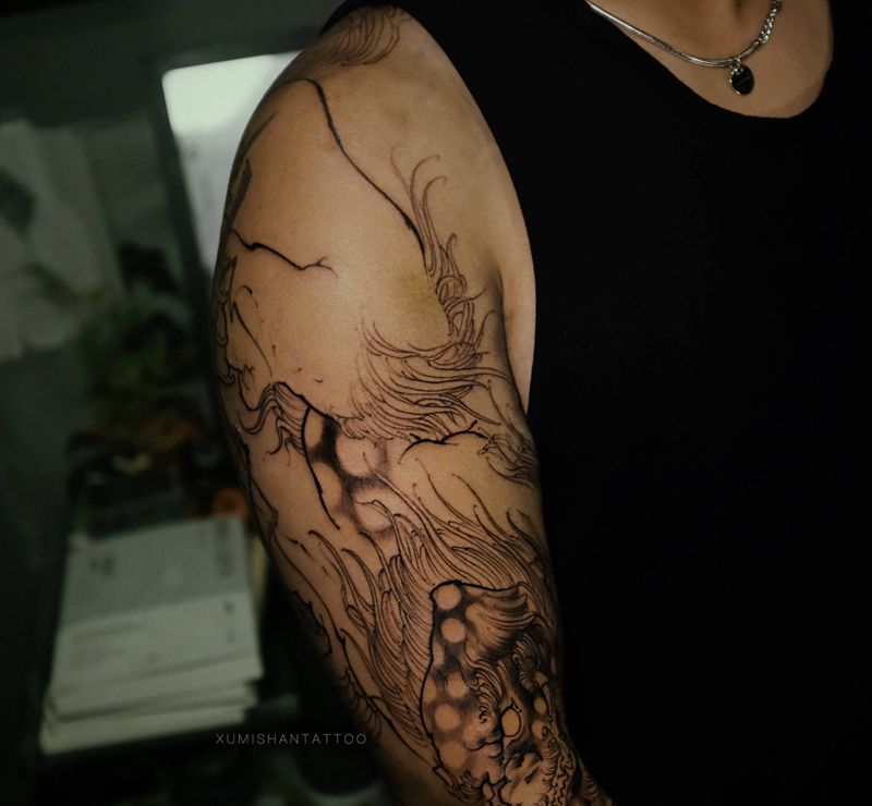 唐狮子 进度纹身图片_手臂新传统纹身图案