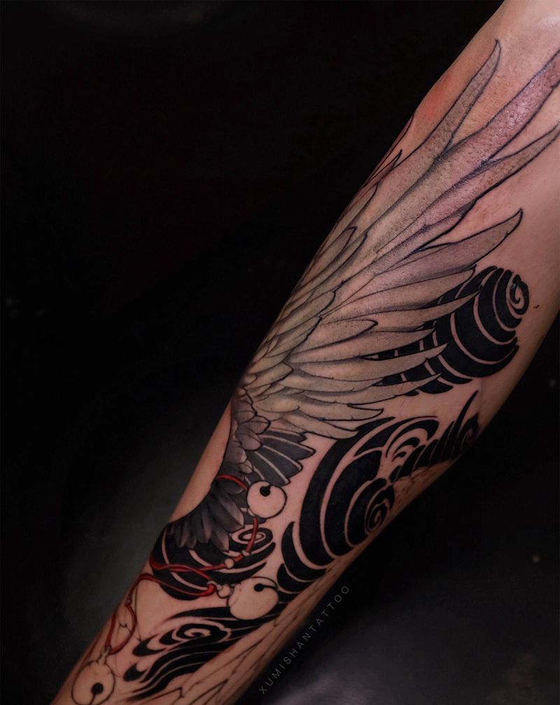 双鹤 进度纹身图片_腿部新传统鹤纹身图案